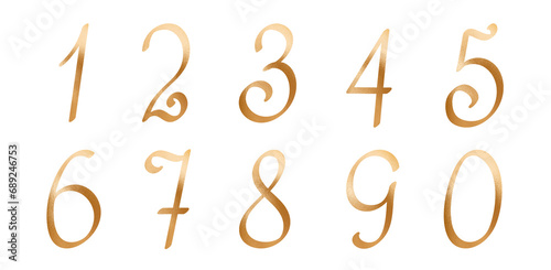 Numbers from one to ten decorated with golden metal effect monogram script illustration, design elements in simple handwritten style, decorative lettering collection, elegant luxurious vintage font