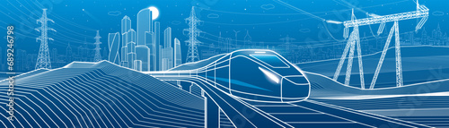 Modern night town. Train rides. Power lines. City Infrastructure and transport illustration. Urban scene. Vector design art. White outlines on blue background