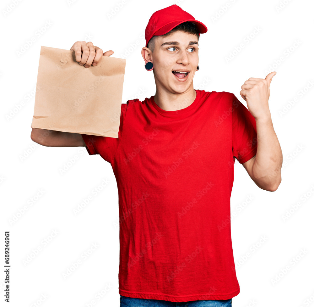 Young caucasian boy with ears dilation holding take away paper bag pointing thumb up to the side smiling happy with open mouth Young caucasian boy with ears dilation holding take away paper bag pointing thumb up to the side smiling happy with open mouth