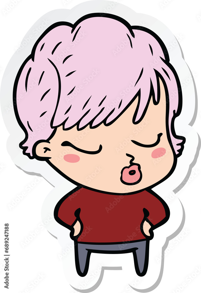 sticker of a cartoon woman with eyes shut