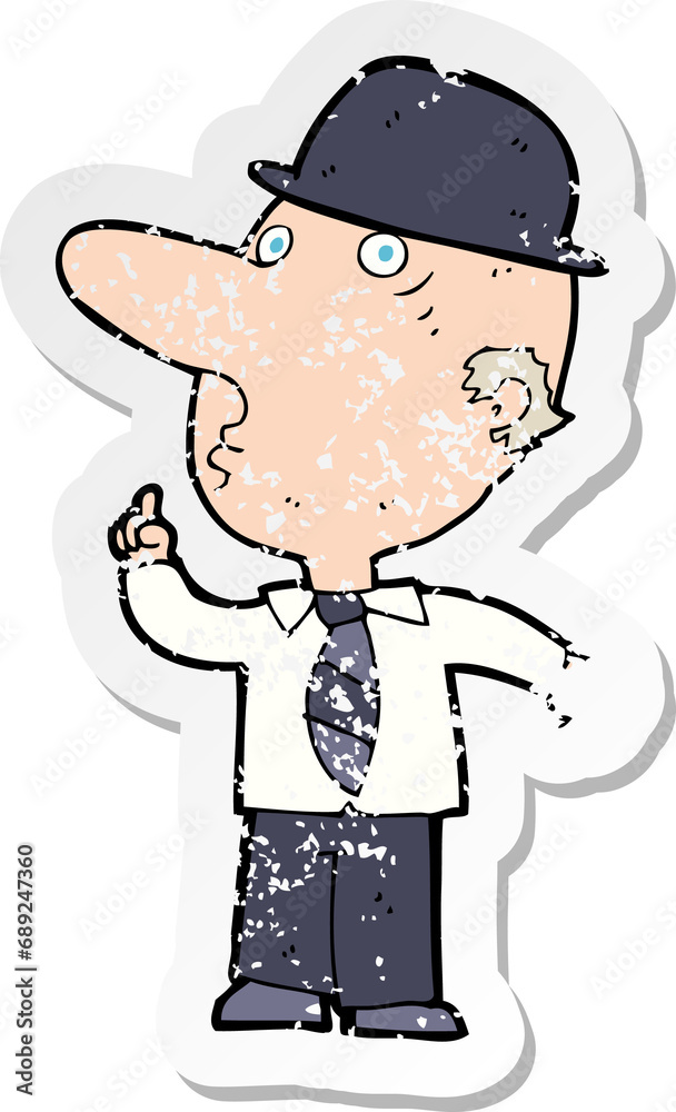 retro distressed sticker of a cartoon man wearing bowler hat retro distressed sticker of a cartoon man wearing bowler hat