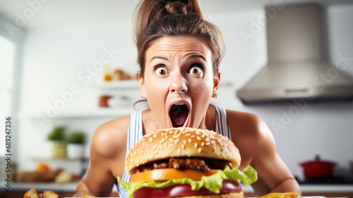 Woman with an exaggerated expression of surprise and excitement, her mouth wide open as she holds a large hamburger, ready to take a bite