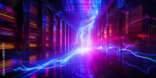 Futuristic data center with dynamic energy streams flowing, showcasing powerful server racks with high-speed data transfer in a digital cyber world photo