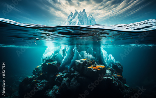 Majestic iceberg above and below water surface in polar ocean waters  showcasing nature s grandeur and the concept of hidden depth