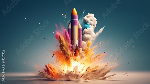 Creative rocket launch by exploding engine of creativity , taking off for new opportunity . Admirableer