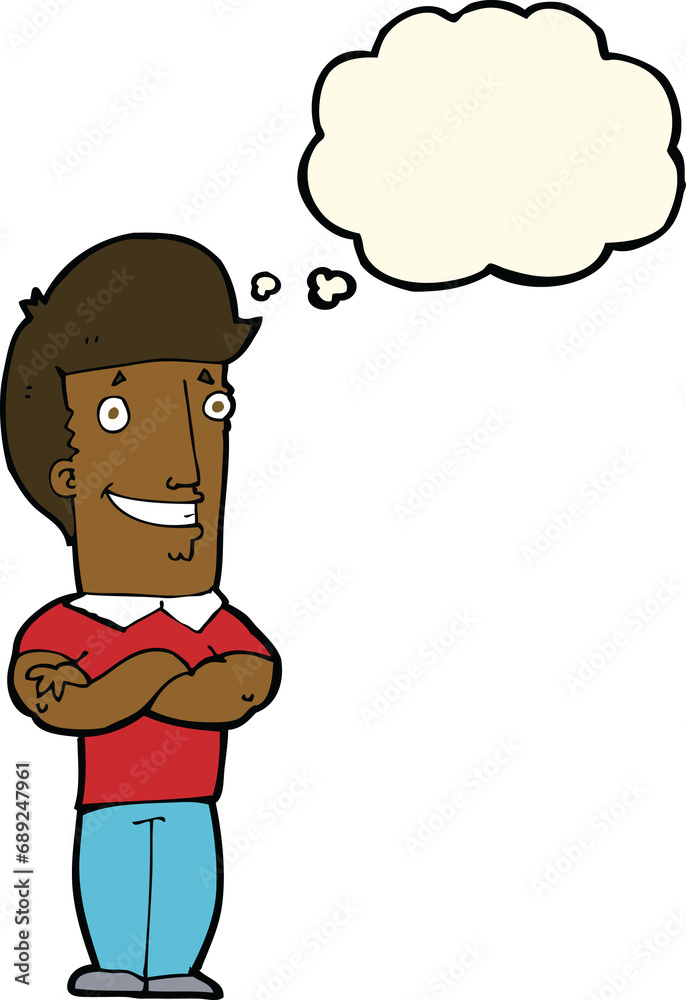 Fototapeta premium cartoon man with folded arms grinning with thought bubble
