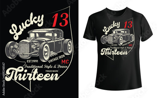 Lucky 13 vintage car t shirt design vector, vintage t shirt design illustration