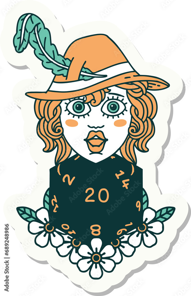 sticker of a human bard with natural 20 dice roll sticker of a human bard with natural 20 dice roll