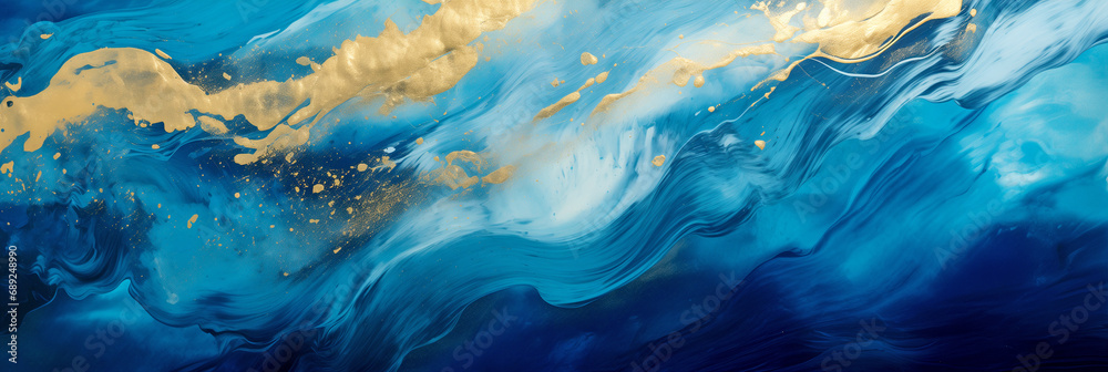 A Picturesque Picture With Blue And Gold Waves Of Flowing Paint. Horizontal Image - legal AI A Picturesque Picture With Blue And Gold Waves Of Flowing Paint. Horizontal Image - legal AI