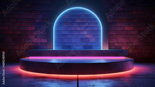 Stone podium, pedestal or platform, Neon Led background Blank product stand, 3d rendering 
