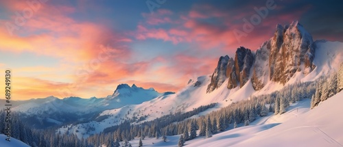 Beautiful wintry landscape with snowy rocks and hills at dusk. Snow covered mountains photo
