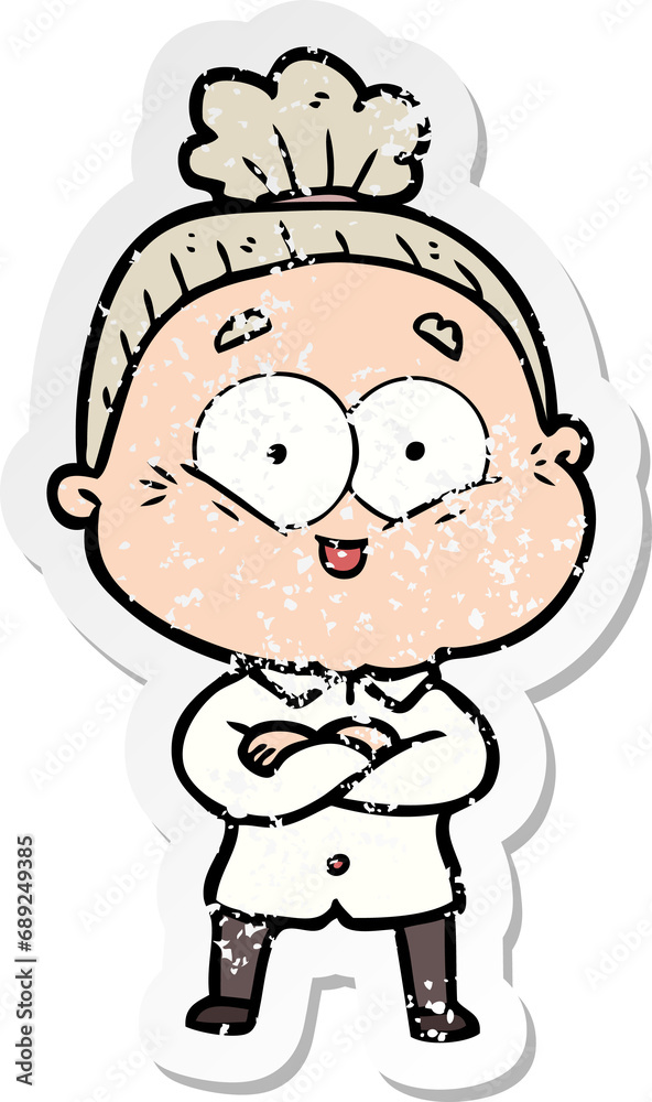 distressed sticker of a cartoon happy old woman distressed sticker of a cartoon happy old woman