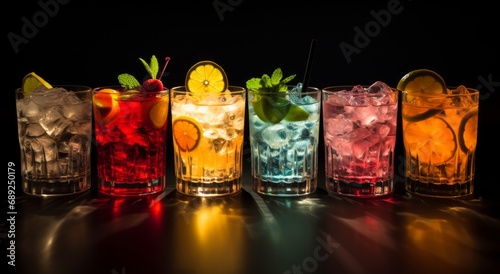 A Colourful Array of Glasses Filled with Various Drinks and Cocktails. A row of glasses filled with different coloured drinks photo