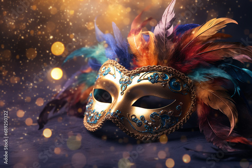 carnival mask with feathers, bright luxury masquerade mask on festive background