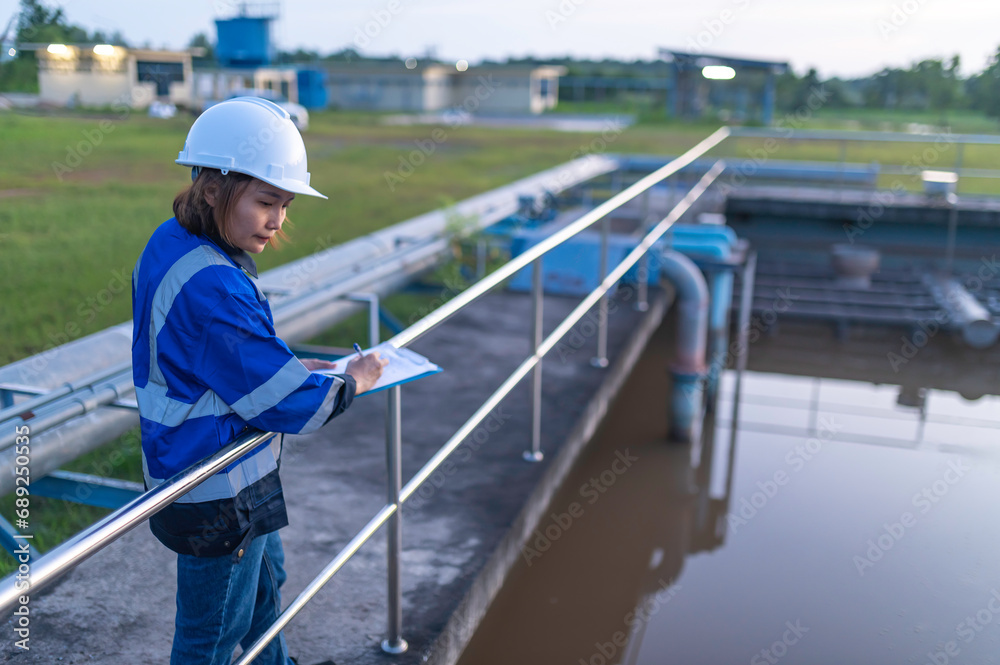 Environmental engineers work at wastewater treatment plants,Water supply engineering working at Water recycling plant for reuse,Check the amount of chlorine in the water to be within the criteria.