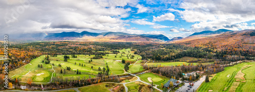 Aerial panorama of Presidential Range covered in clouds, in Bretton Woods, White Mountain National Forest, New Hampshire.
