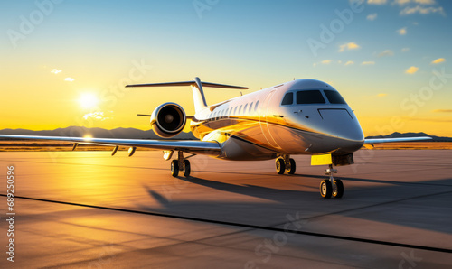 Luxurious private jet aircraft parked on airport runway bathed in the golden hues of sunset, symbolizing exclusive travel and modern aviation