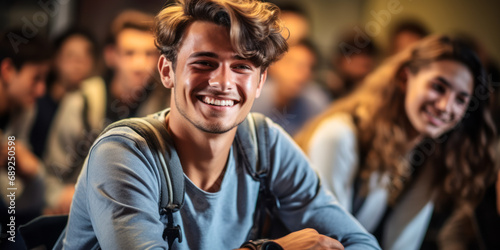Joyful high school students engaged in a lively discussion during a class lecture, with a focus on a smiling young man listening attentively © Bartek