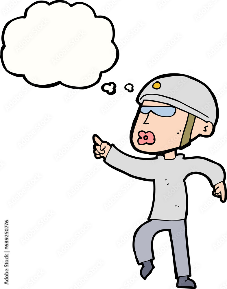 cartoon man in bike helmet pointing with thought bubble