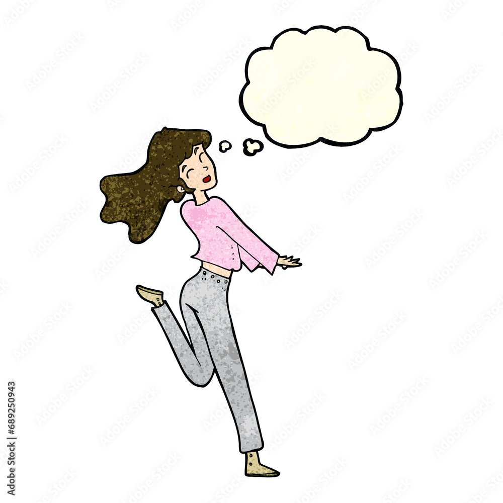 cartoon happy girl kicking out leg with thought bubble cartoon happy girl kicking out leg with thought bubble