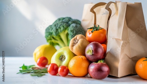 Paper bag with vegetables and fruits on white background. Vegetarian food