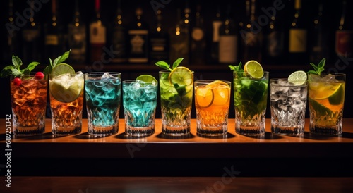 A Colourful Array of Glasses Filled with Various Drinks and Cocktails. A row of glasses filled with different coloured drinks