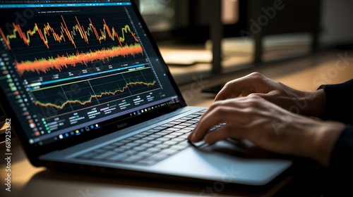 Close-up of fingers typing on a laptop displaying financial graphs. The movement between the keyboard and fingers is captured sharply, and the graphs on the screen intersect complexly. generative AI