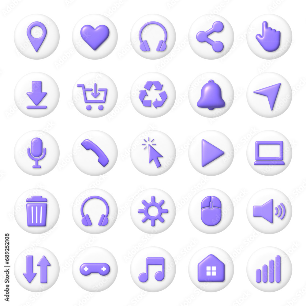 Big set of 3D icons on white round buttons. 3D vector illustration. Big set of 3D icons on white round buttons. 3D vector illustration.