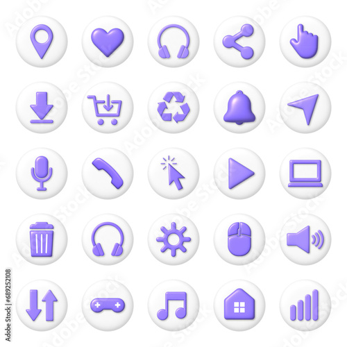 Big set of 3D icons on white round buttons. 3D vector illustration.