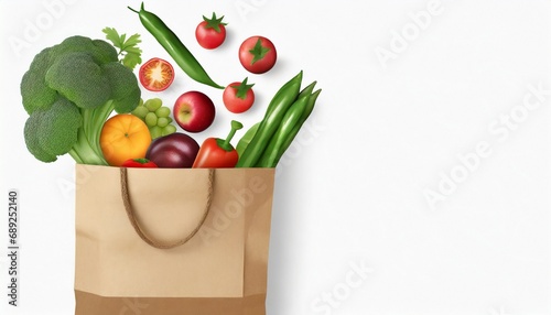 Paper bag with vegetables and fruits on white background. Vegetarian food photo