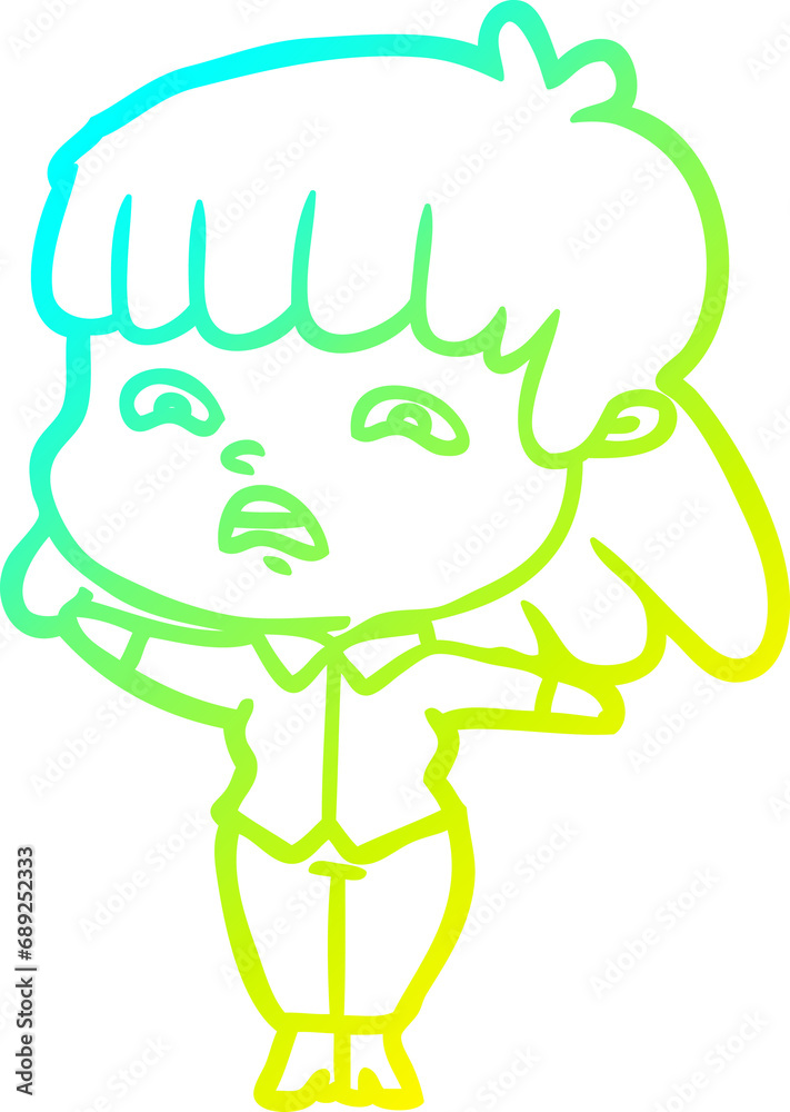 cold gradient line drawing of a cartoon worried woman