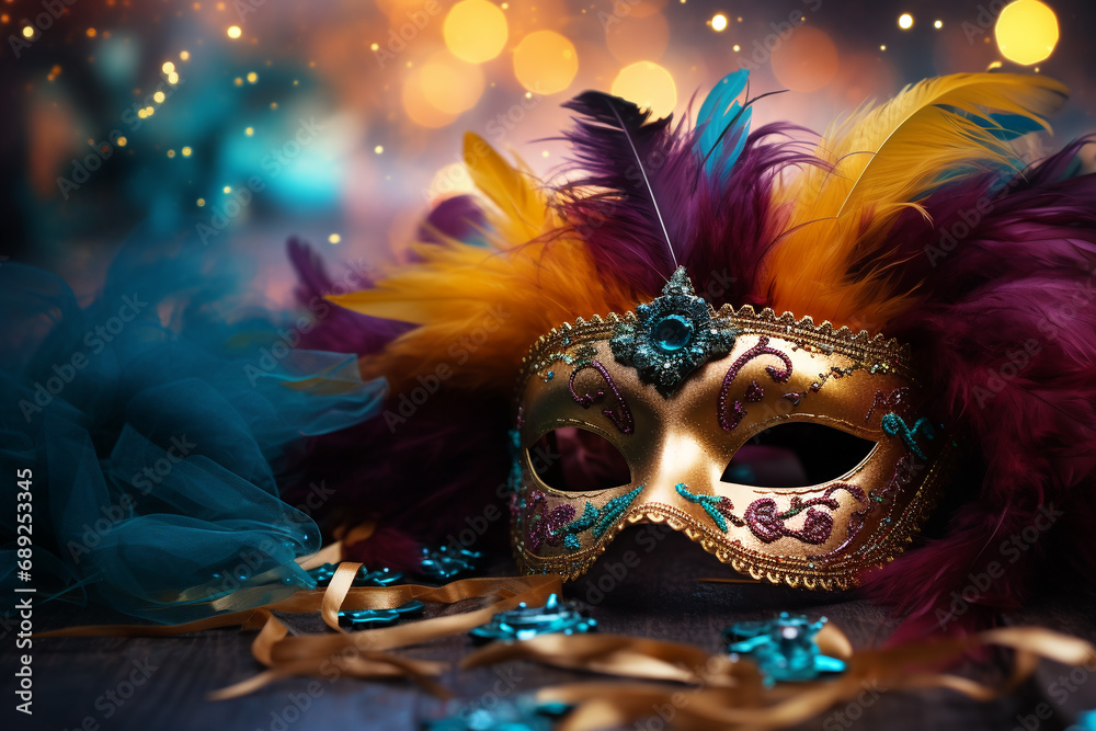 carnival mask with feathers, bright luxury masquerade mask on festive background carnival mask with feathers, bright luxury masquerade mask on festive background