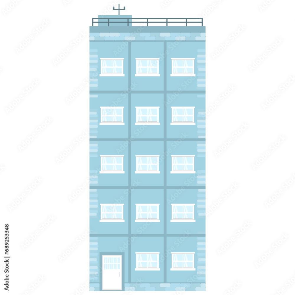Cute five-storey town house. Brick building with white windows and door. Flat illustration. Light-blue cozy house. Isolated on white background. Cute five-storey town house. Brick building with white windows and door. Flat illustration. Light-blue cozy house. Isolated on white background.
