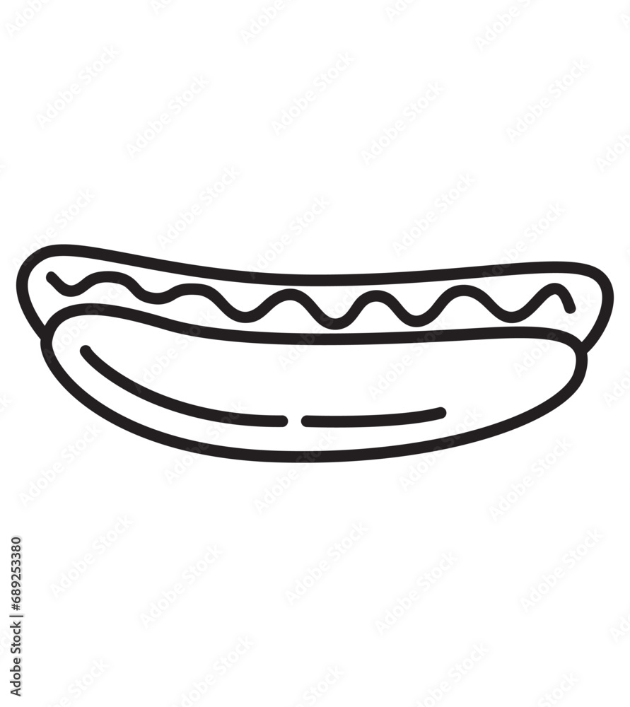 Hot dog line icon.Hand drawn doodle.Fast food .Black outlined symbol of a burger.Isolated on white background.