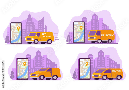 Online delivery service.Online order tracking with map.Delivery service app on smartphone. City skyline cargo van.Freight car.Vector flat illustration.Delivery van.Delivery and online shopping.