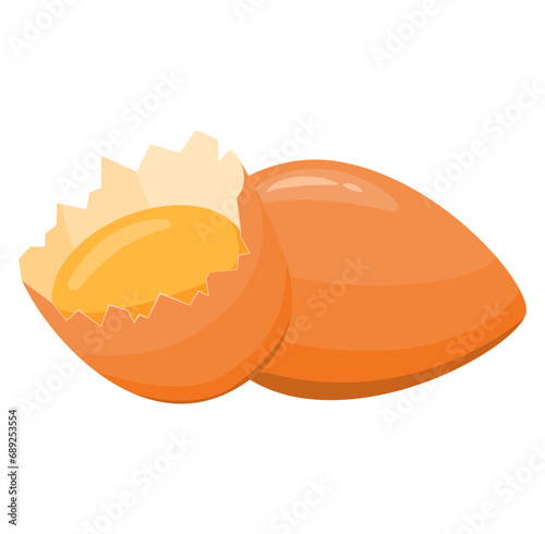Close-up cracked egg.Normal and broken brown eggs.Cracked egg with shell.Chicken egg yolk.Vector flat illustration.Isolated on white background.