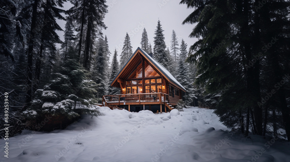Secluded Cabin in Snowy Forest at Twilight - Valentine's Day Secluded Cabin in Snowy Forest at Twilight - Valentine's Day