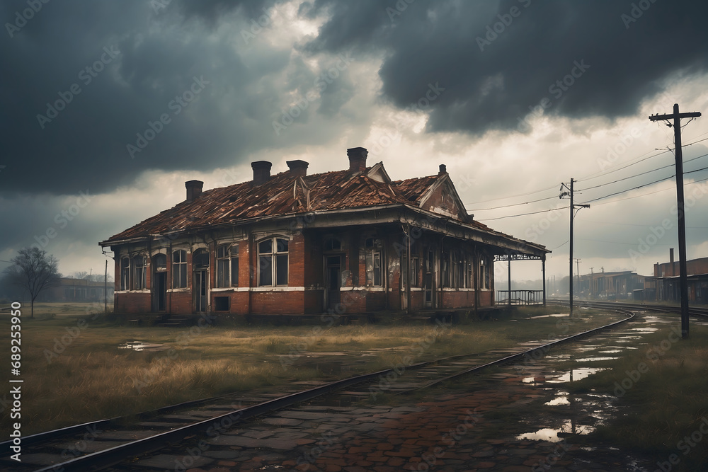 Obraz premium A brick building in a small town under stormy skies