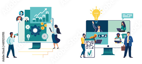 Vector illustration set. Team communication abstract concept. Business people. Meeting brainstorming, online meeting, corporate presentation, creative ideas and solutions, teamwork, abstract metaphors