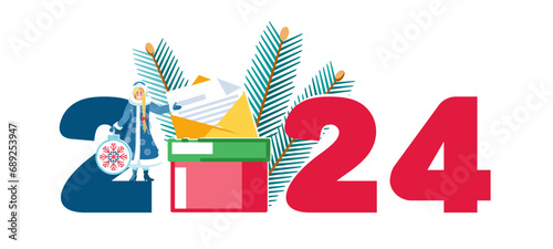 Vector illustration. 2024. Happy New Year. Snow Maiden with a toy, a box with a holiday letter with gifts, Christmas tree branches. Merry Christmas, banner, people, girl. Elements for the calendar