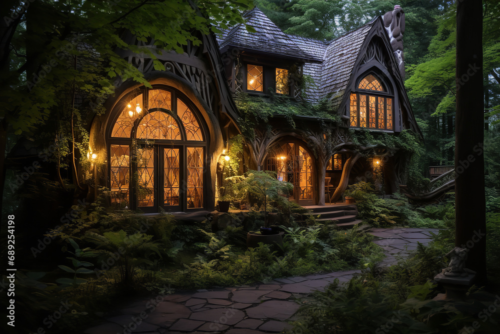 A fairy-tale chalet with a whimsical design, hidden in a lush forest, offering an enchanting retreat amidst magical surroundings for a whimsical escape. A fairy-tale chalet with a whimsical design, hidden in a lush forest, offering an enchanting retreat amidst magical surroundings for a whimsical escape.
