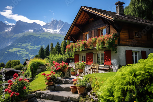 A traditional Swiss chalet in a picturesque village - featuring flower-adorned balconies - charming architecture - and showcasing the cultural heritage in an idyllic setting.