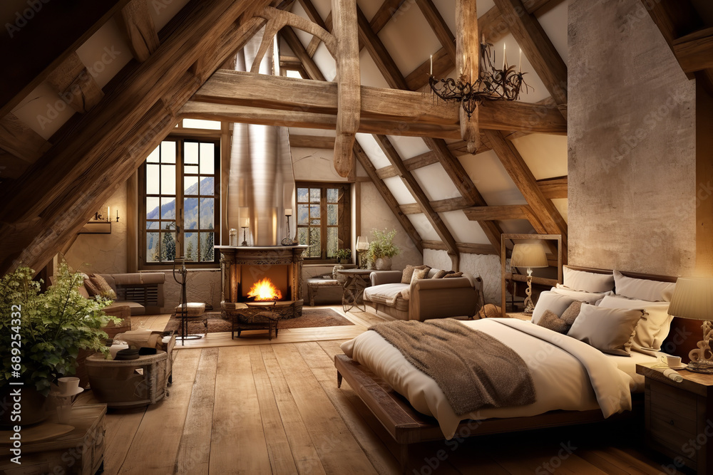 The interior of a chalet showcasing a loft bedroom with exposed wooden ...
