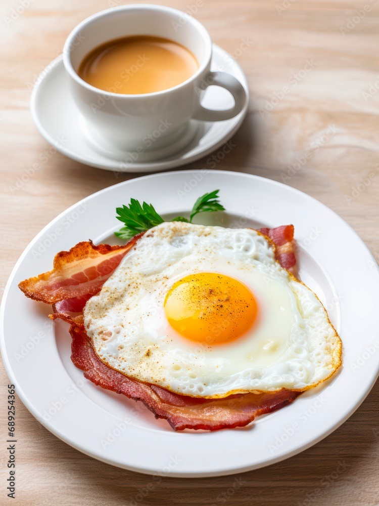 Cup of americano and plate of fried egg with bacon on a wooden table. Cup of americano and plate of fried egg with bacon on a wooden table.