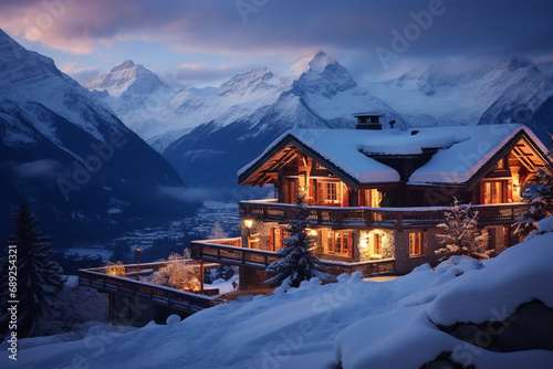 Snow-covered alpine chalet at twilight