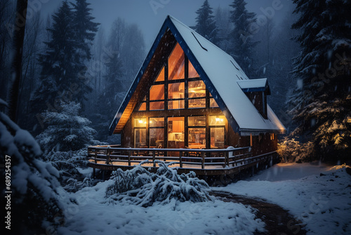 A chalet nestled in the heart of a snowy forest - with a soft glow emanating from its windows during a snowstorm - surrounded by serene snow-covered trees in a winter wonderland. photo