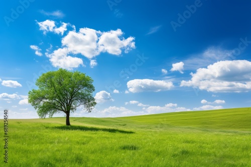 Lonely Tree in Colorful Landscape  Meadow  Blue Sky  Summer Feel