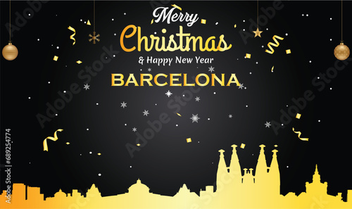 Christmas and New year black greeting card with golden panorama of the city of Barcelona, Spain