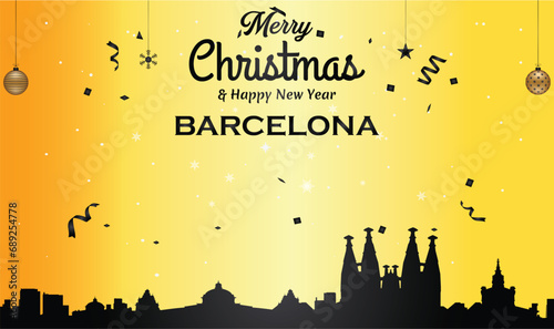 Christmas and New year golden greeting card with black panorama of the city of Barcelona, Spain