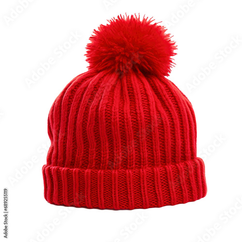 Red knitted beanie hat for cold winter days isolated on transparent background.